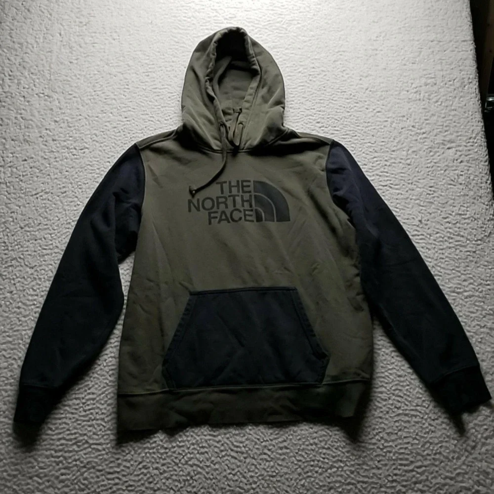 The North Face Hoodie Mens Medium Green Black Pullover Fleece Logo Kangaroo